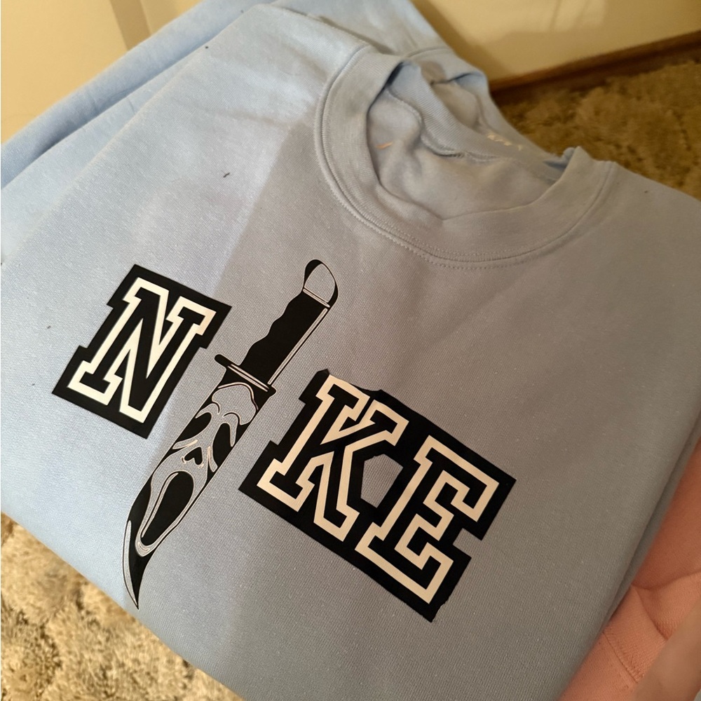 Nike Light Blue Sweatshirt with Scream Halloween Graphic